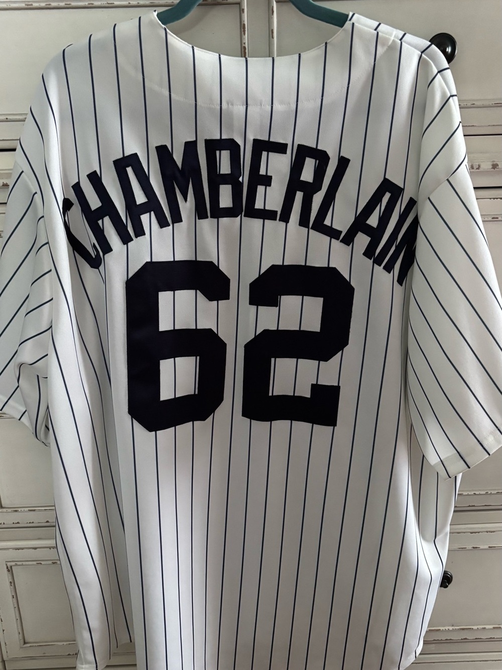Majestic White Pinstripe "Chamberlain 62" Baseball Jersey